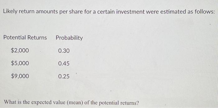 Solved Likely return amounts per share for a certain | Chegg.com