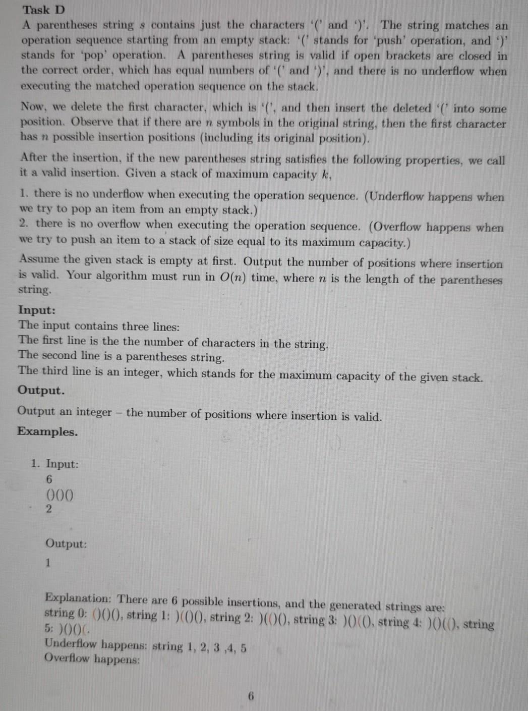 Solved Task D A parentheses string s contains just the | Chegg.com