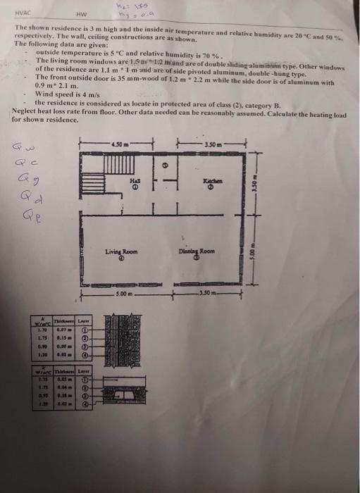 The shown residence is \( 3 \mathrm{~m} \) high and the inside air tenperature and relative hamidity are \( 20{ }^{\circ} \ma