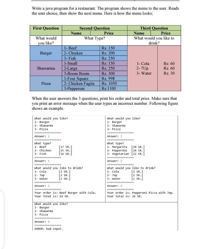 Solved Write a java program for a restaurant. The program | Chegg.com