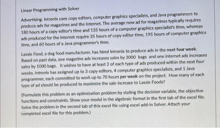 Solved Linear Programming with Solver Advertising. Intronix | Chegg.com