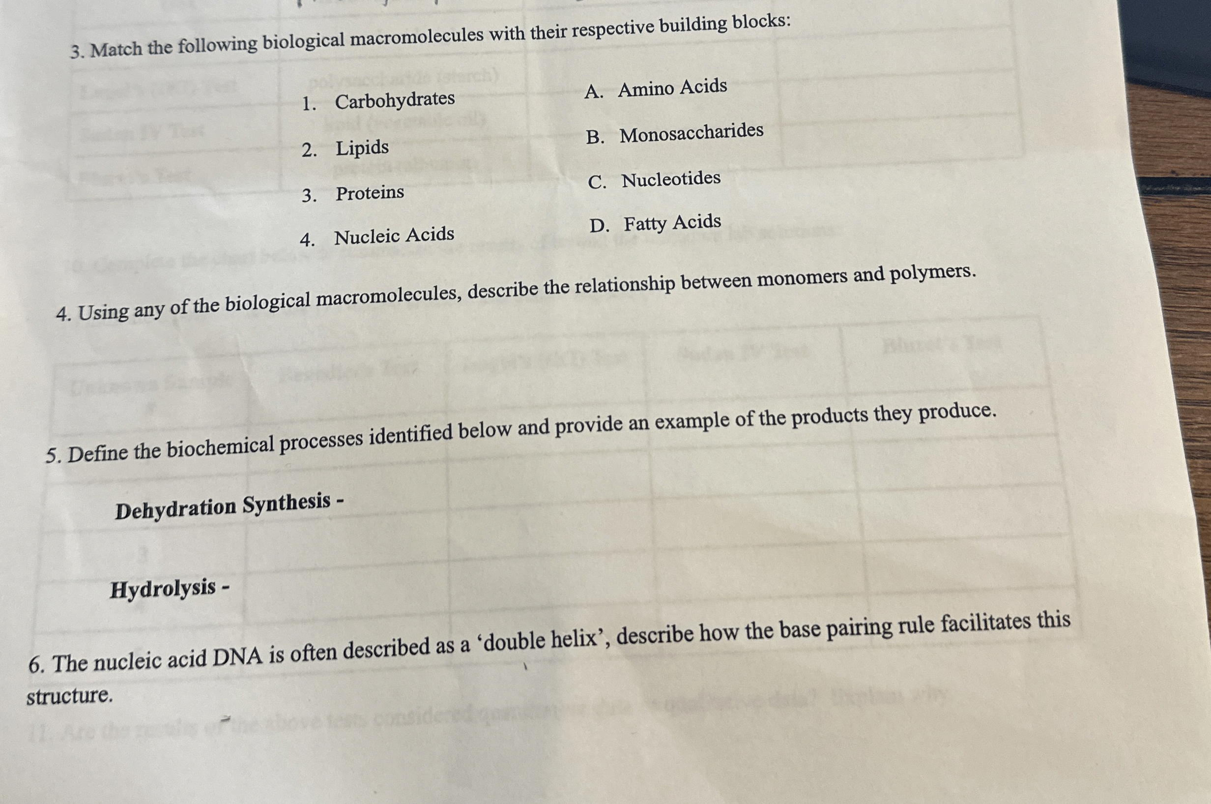 Solved Match the following biological macromolecules with