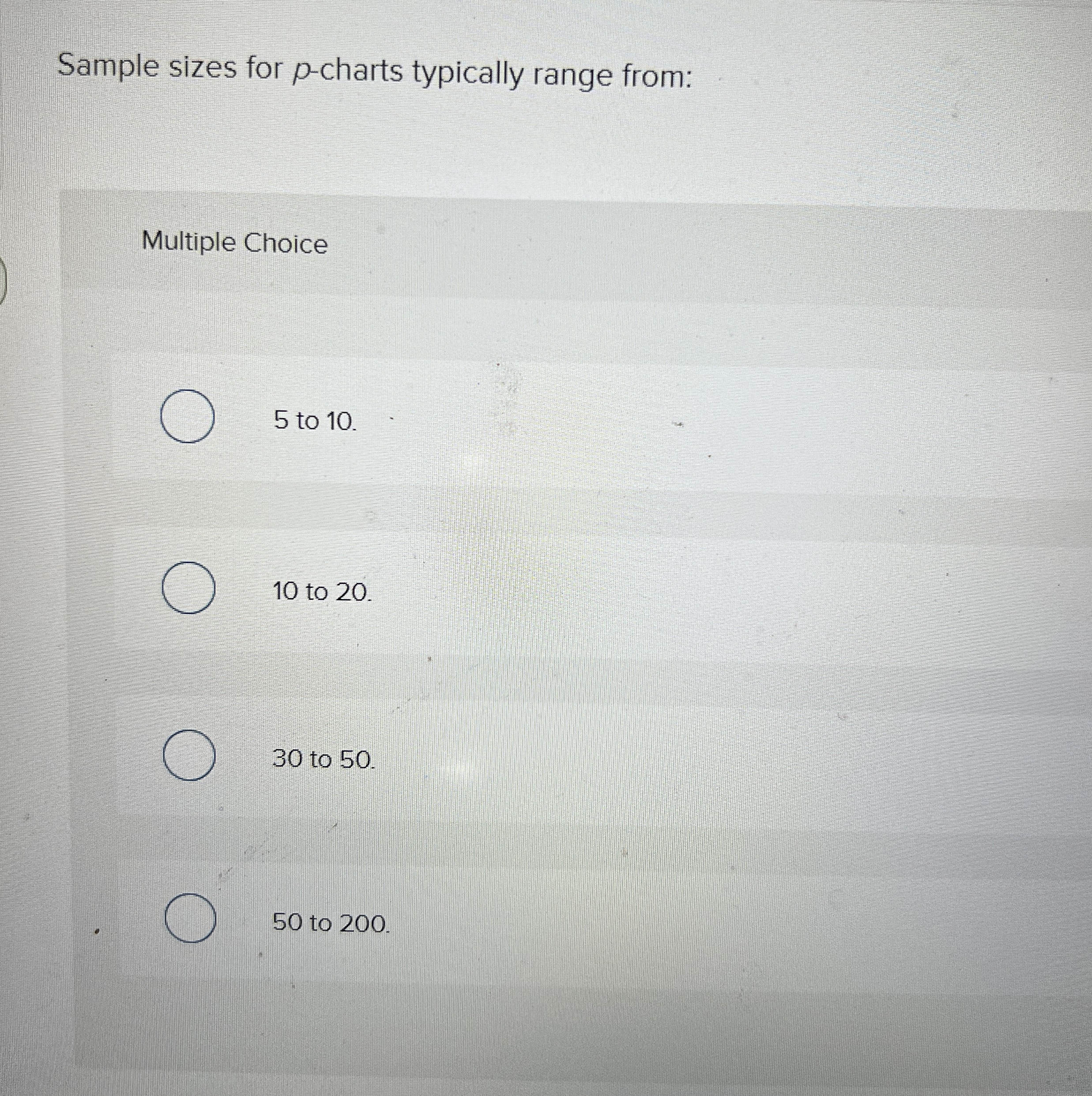 Solved Sample sizes for p-charts typically range | Chegg.com