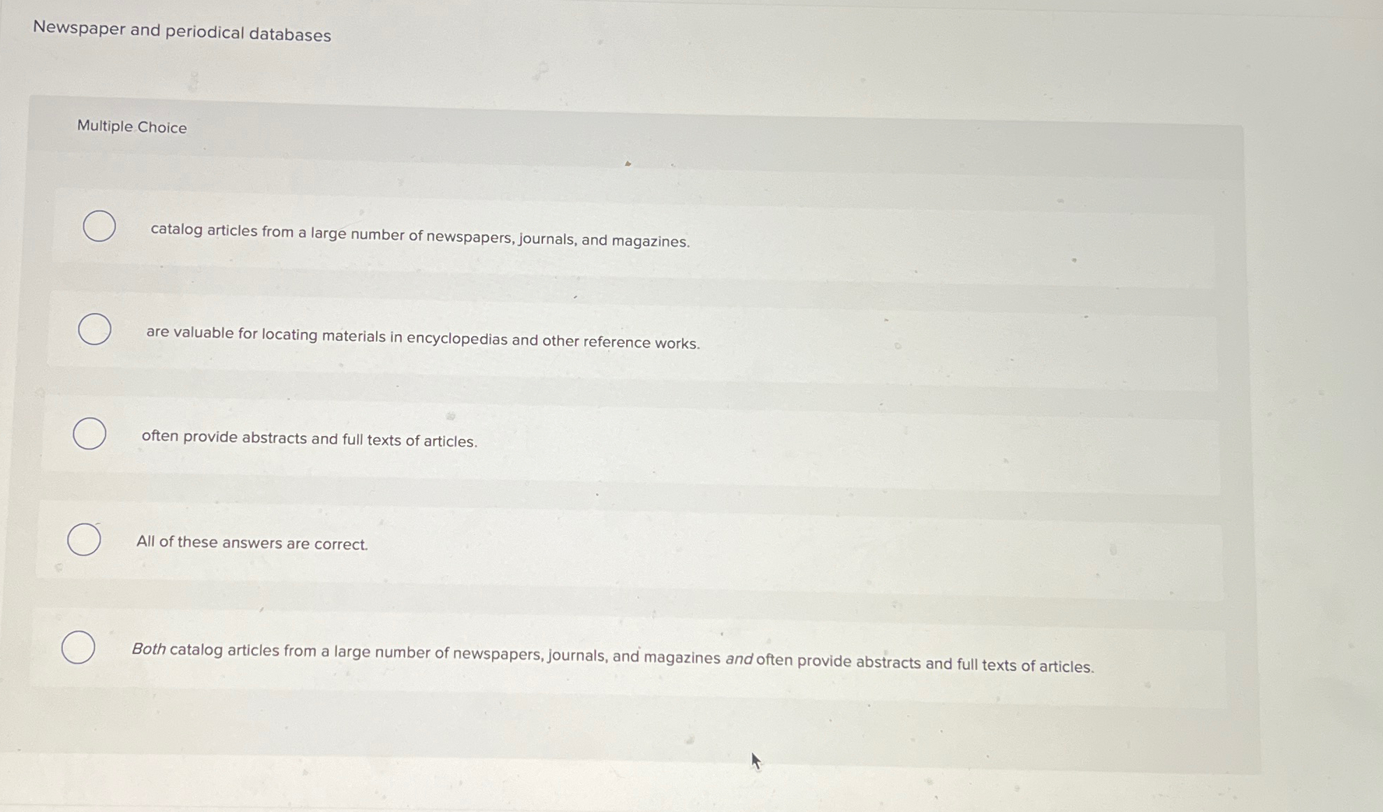 Solved Newspaper and periodical databasesMultiple | Chegg.com