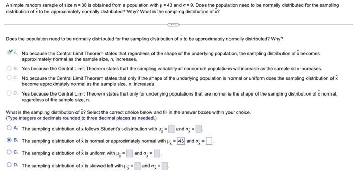 Solved A simple random sample of size n= 38 is obtained from | Chegg.com