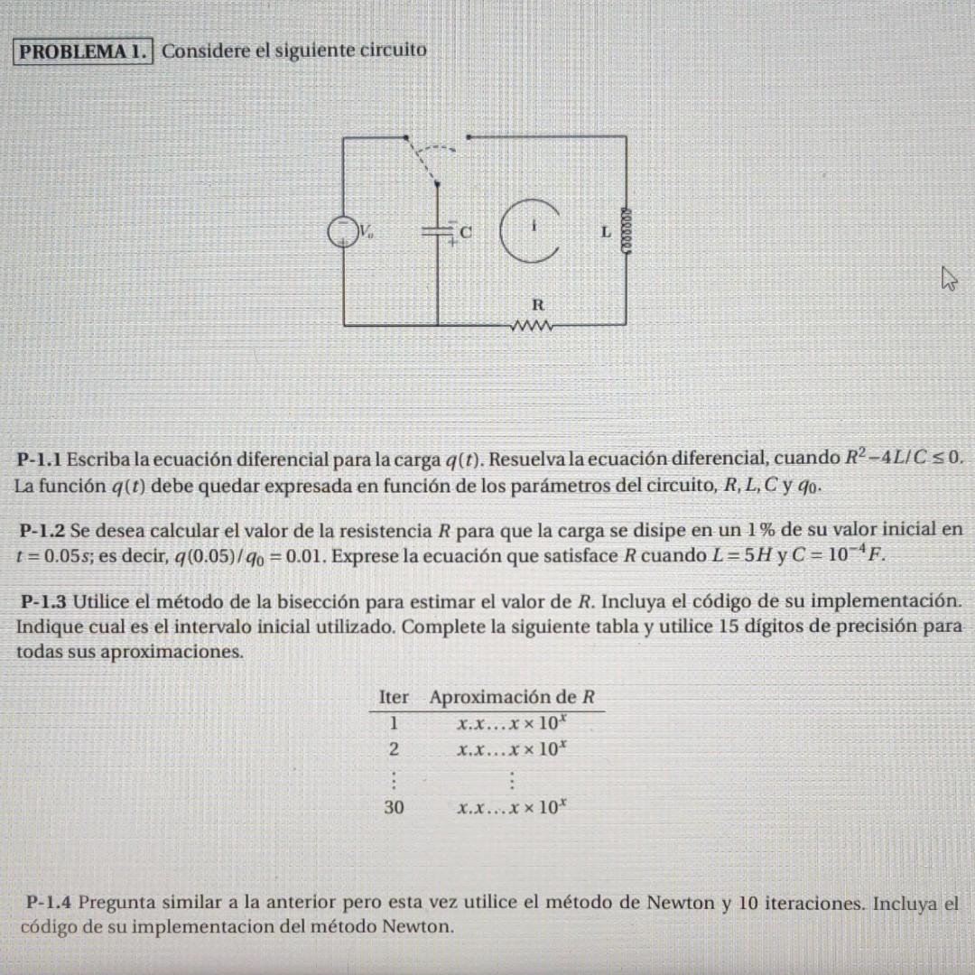 Considere el siguiente circuito P-1.1 Escriba la ecuación diferencial para la carga \( q(t) \). Resuelvala ecuación diferenci