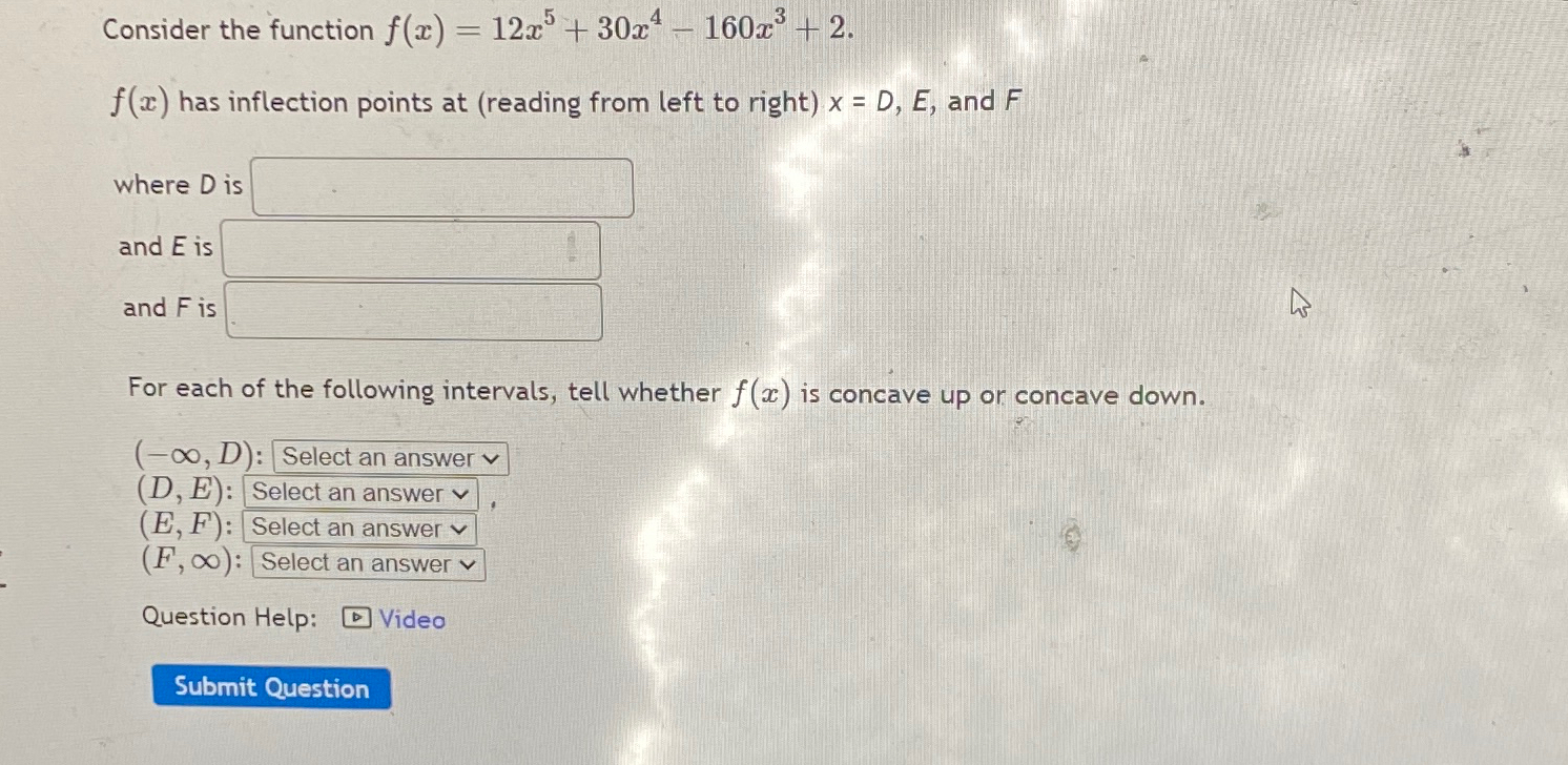 Solved Consider the function f(x)=12x5+30x4-160x3+2.f(x) | Chegg.com