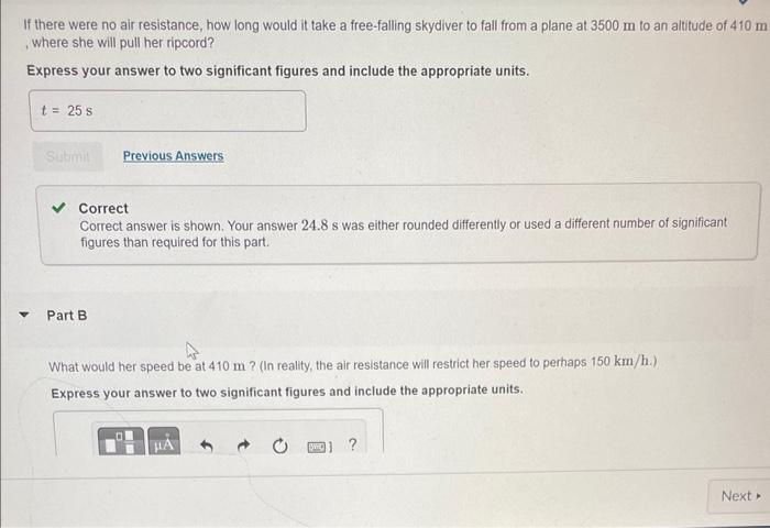 If there were no air resistance, how long would it take a free-falling skydiver to fall from a plane at \( 3500 \mathrm{~m} \