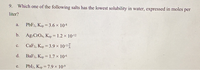 Solved 9. Which one of the following salts has the lowest | Chegg.com