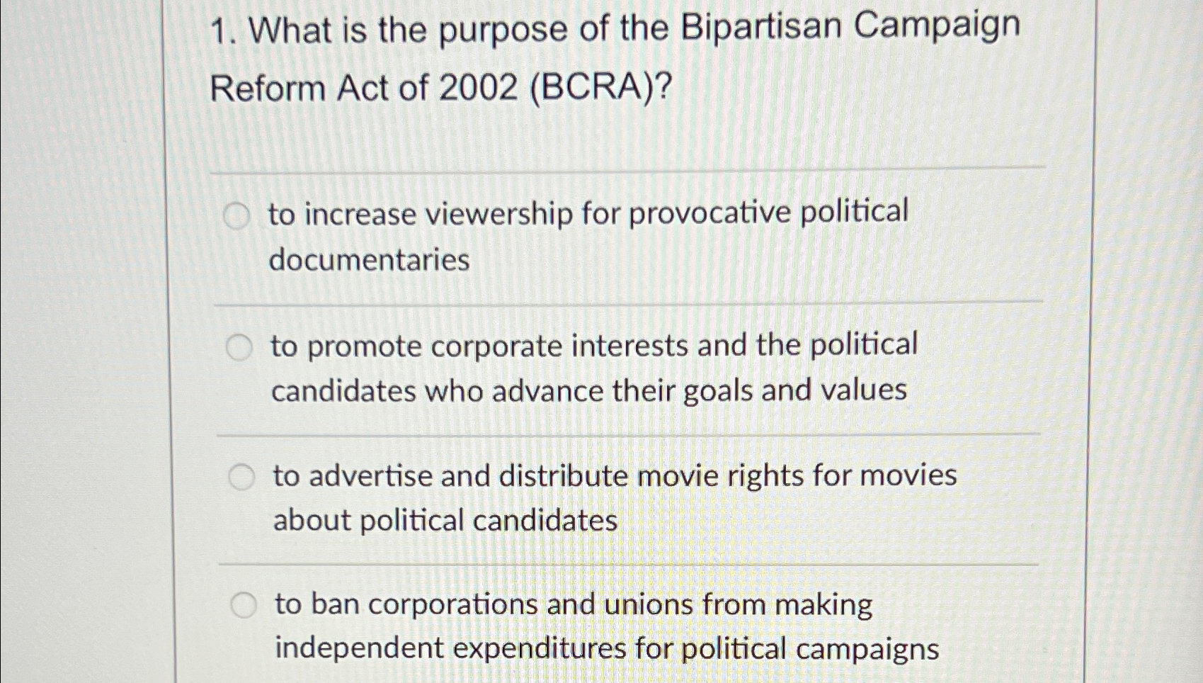 Solved What is the purpose of the Bipartisan Campaign Reform | Chegg.com