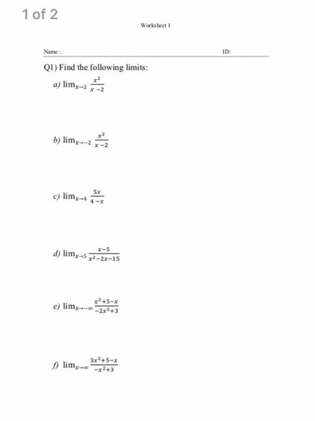 Solved 1 of 2 Worksheet Name: QI) Find the following limits: | Chegg.com