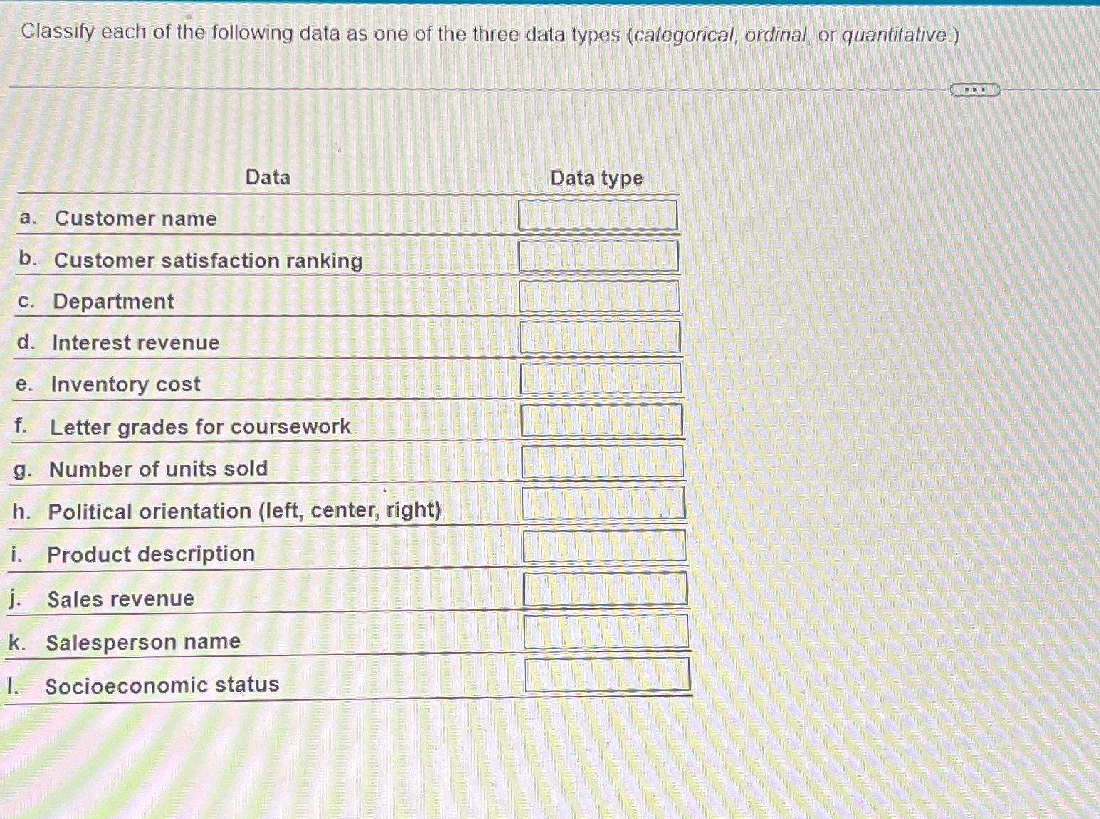 Solved Classify each of the following data as one of the | Chegg.com