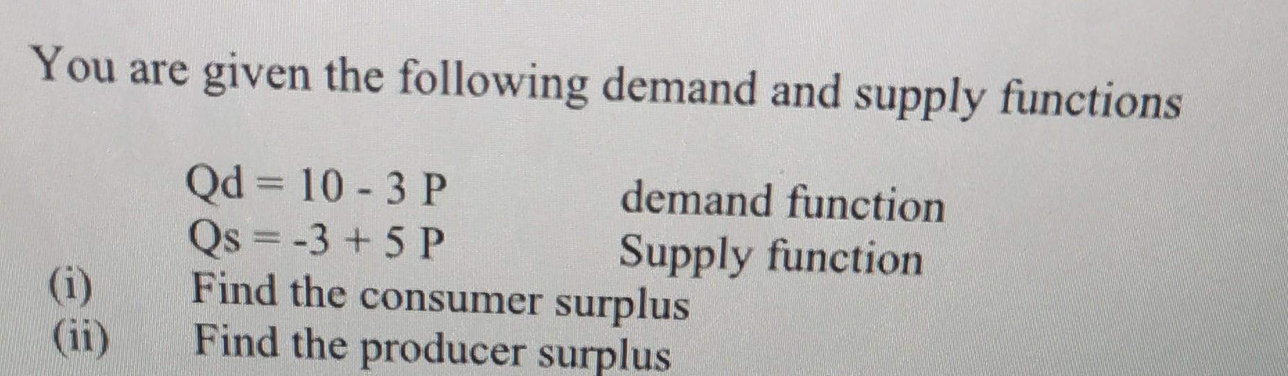 Solved You are given the following demand and supply | Chegg.com