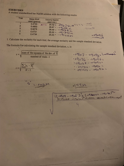 Solved EXERCISES A student standardized her NaOH solution | Chegg.com