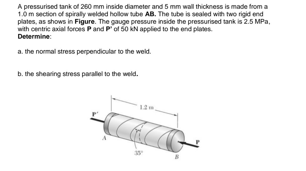 Solved A pressurised tank of 260 mm inside diameter and 5 mm | Chegg.com