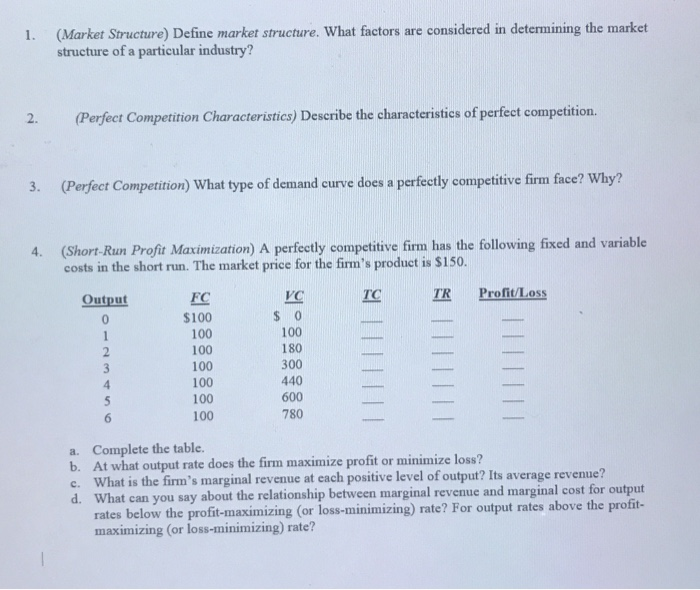 Solved 1. (Market Structure) Define Market Structure. What | Chegg.com