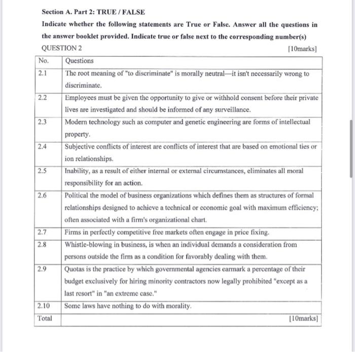 Section A. Part 2: TRUE / FALSE Indicate whether the | Chegg.com