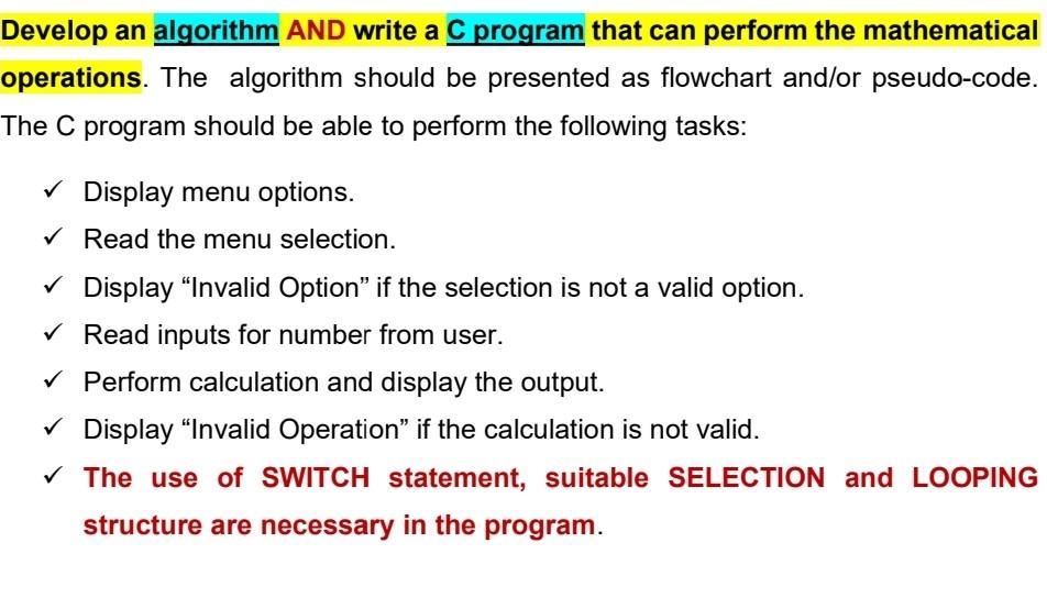 Solved Develop An Algorithm AND Write A C Program That Can | Chegg.com