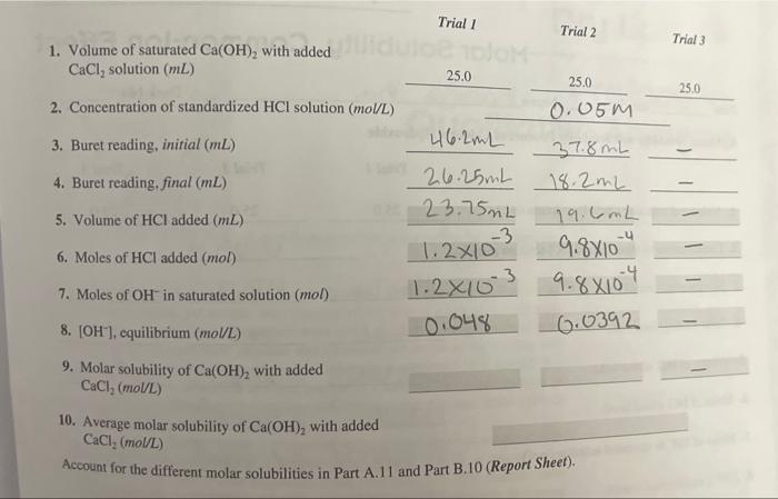 Solved Trial 1 1. Volume of saturated Ca(OH)2 with added | Chegg.com