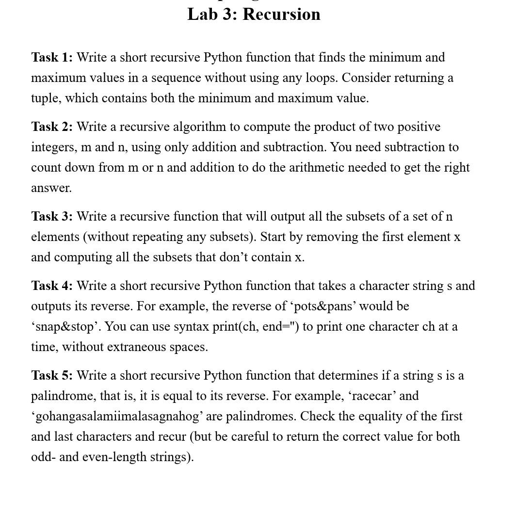 Solved Lab 3: Recursion Task 1: Write a short recursive | Chegg.com