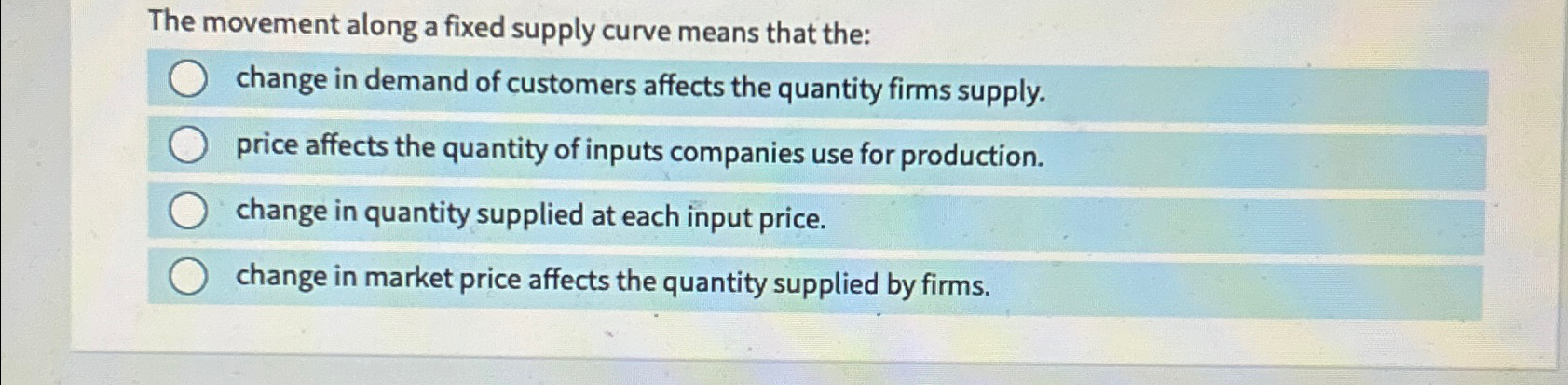 Solved The movement along a fixed supply curve means that | Chegg.com
