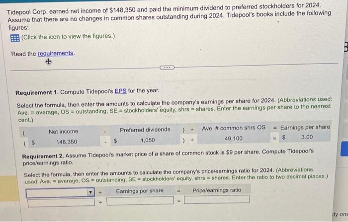 Solved Tidepool Corp. earned net income of $148,350 and paid | Chegg.com