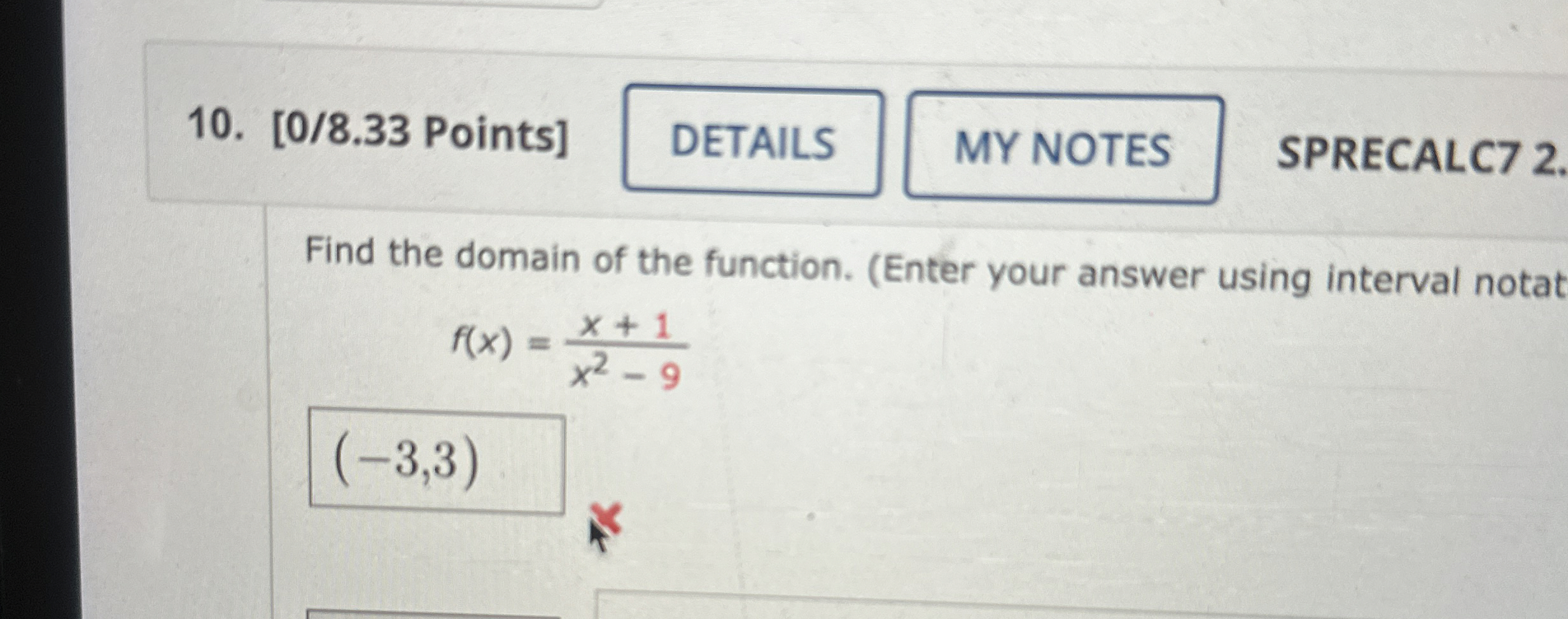 Solved [0/8.33 ﻿Points]SPRECALC7 2 .Find the domain of the