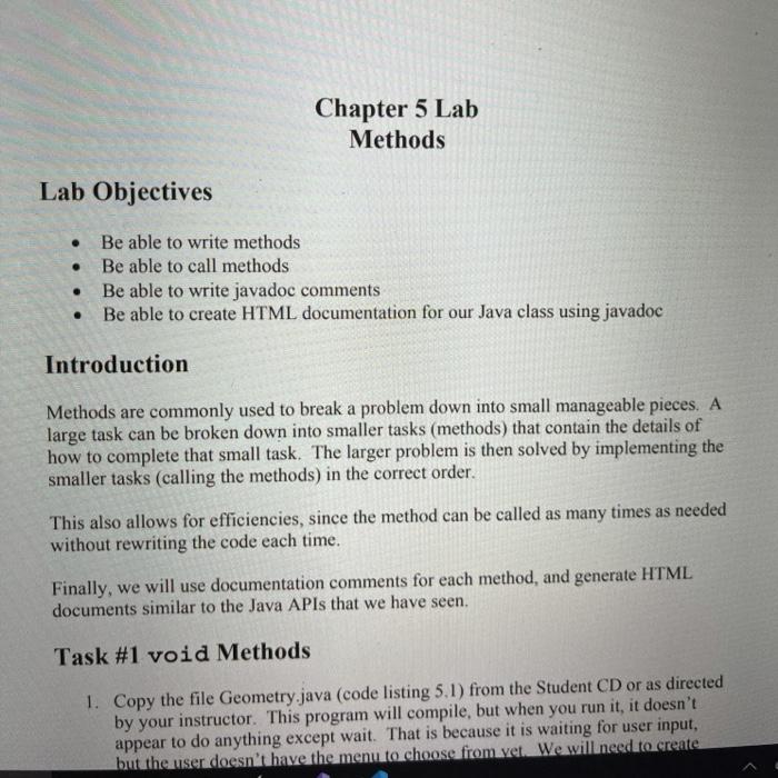 Solved Chapter 5 Lab Methods Lab Objectives . . Be able to | Chegg.com