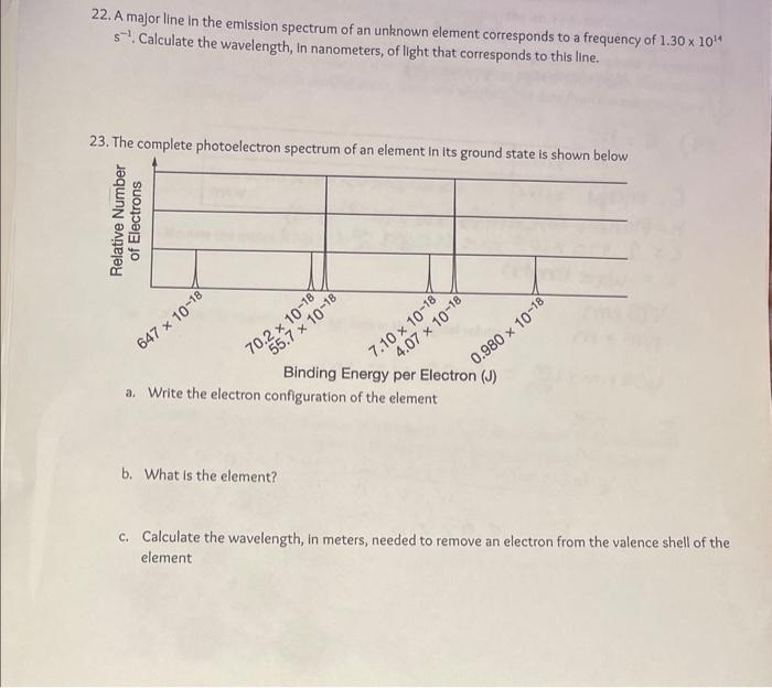 22. A major line in the emission spectrum of an unknown element corresponds to a frequency of \( 1.30 \times 10^{14} \) \( s^