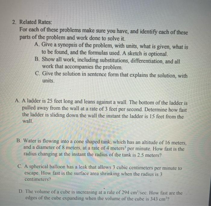 Solved 2. Related Rates: For each of these problems make | Chegg.com
