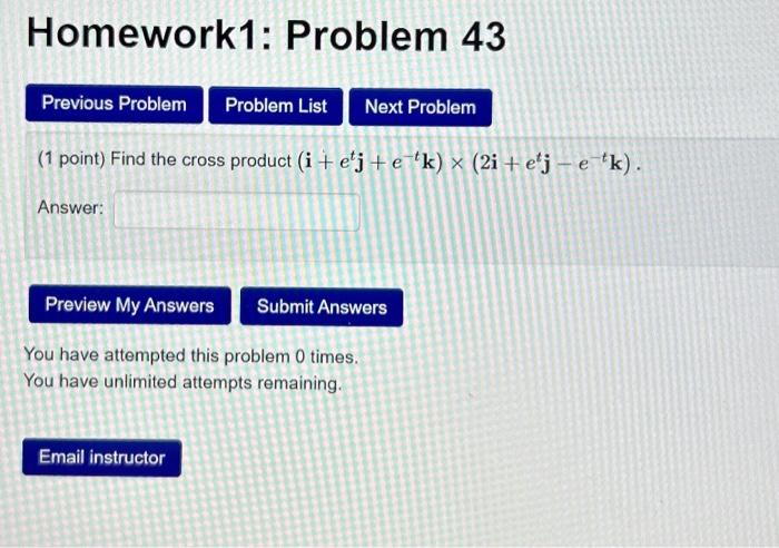 Solved (1 Point) Find The Cross Product | Chegg.com