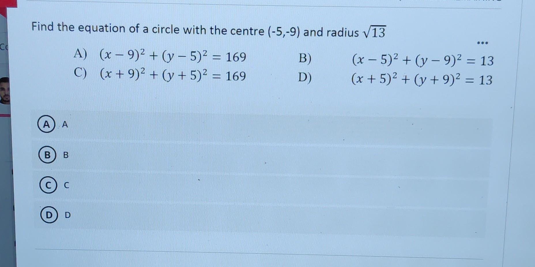 Find The Equation Of A Circle With The Centre −5 −9