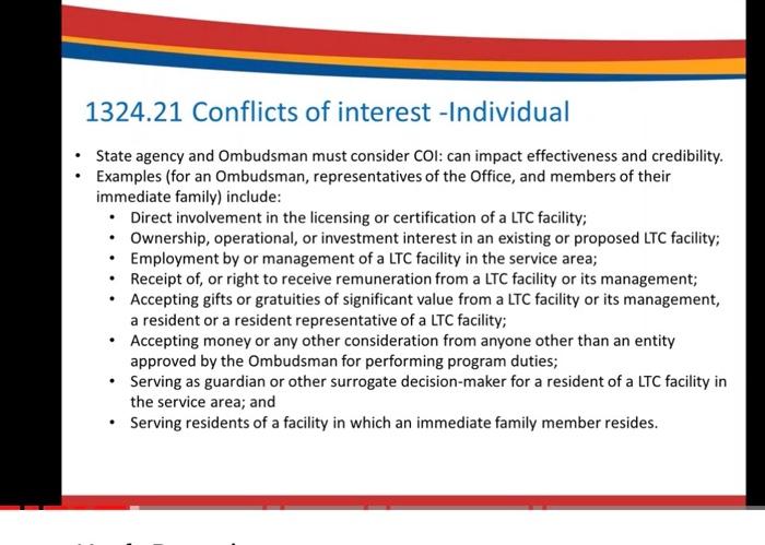 1324.21 Conflicts of interest -Individual
- State agency and Ombudsman must consider COI: can impact effectiveness and credib