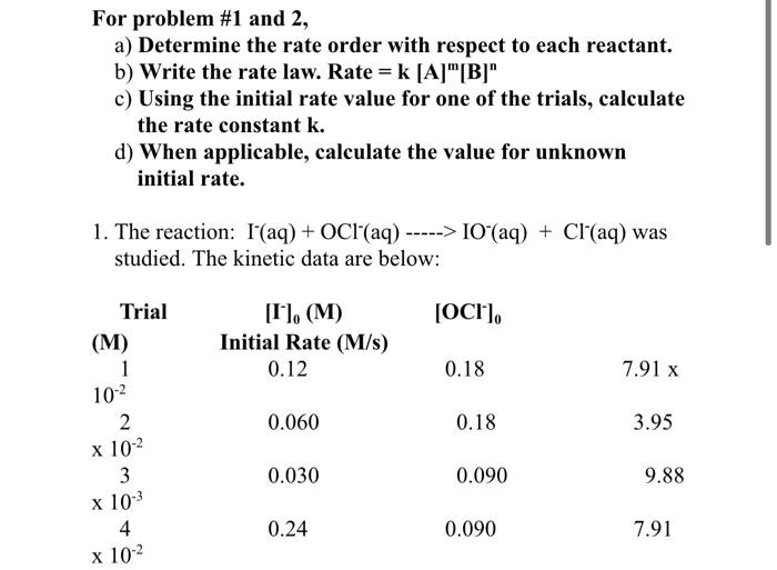 Solved For problem #1 and 2, a) Determine the rate order | Chegg.com