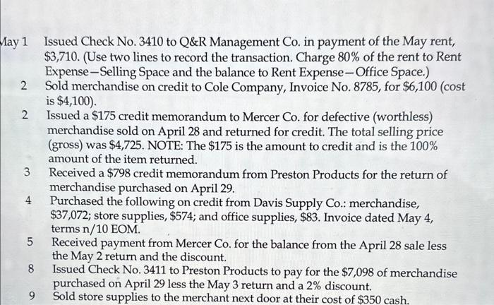 Solved May 1 Issued Check No. 3410 to Q\u0026R Management Co. in