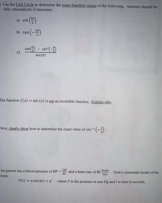 Solved Use the Unit Circle to determine the exact function | Chegg.com