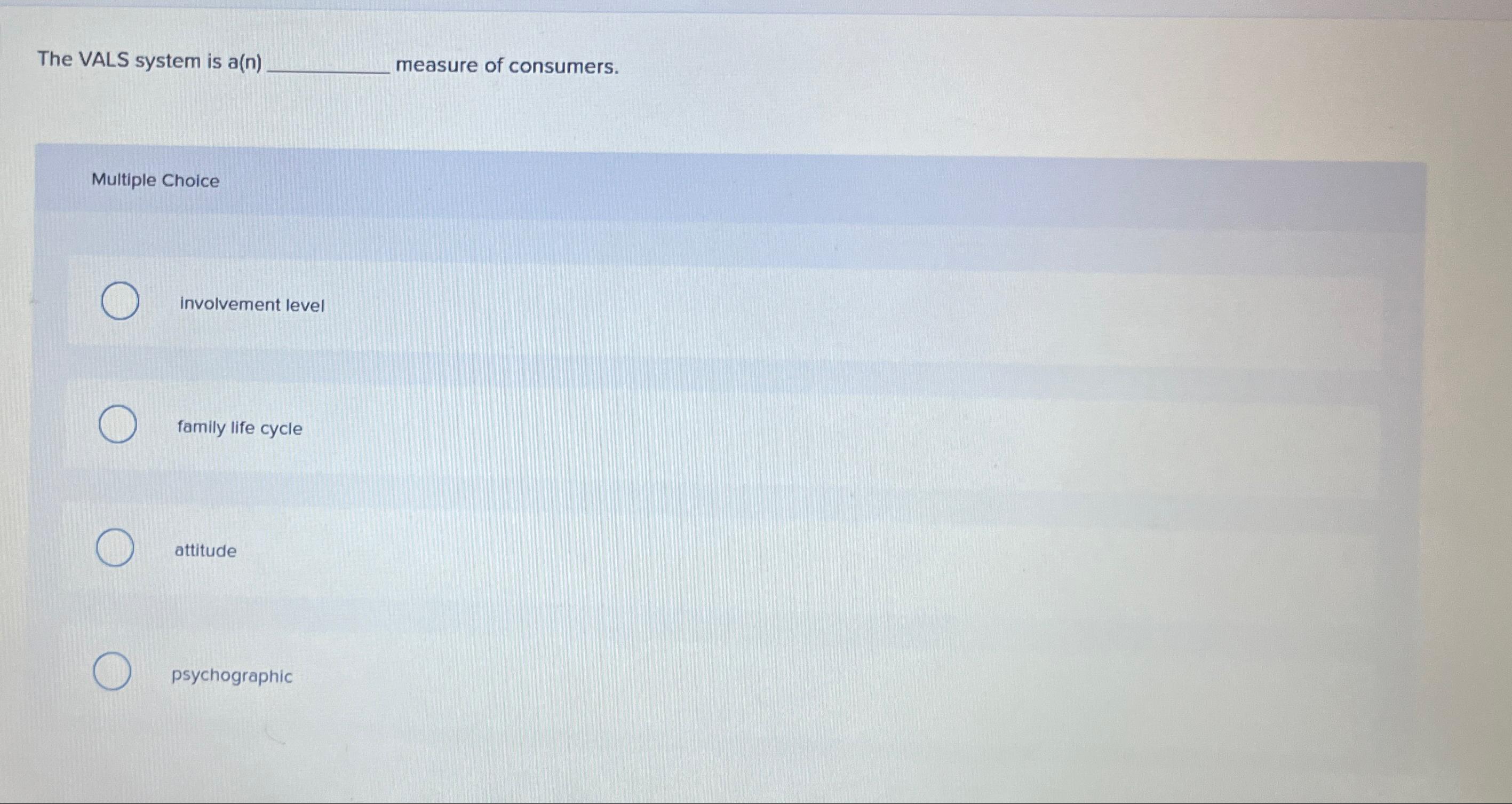 Solved The VALS system is a(n) ﻿measure of | Chegg.com