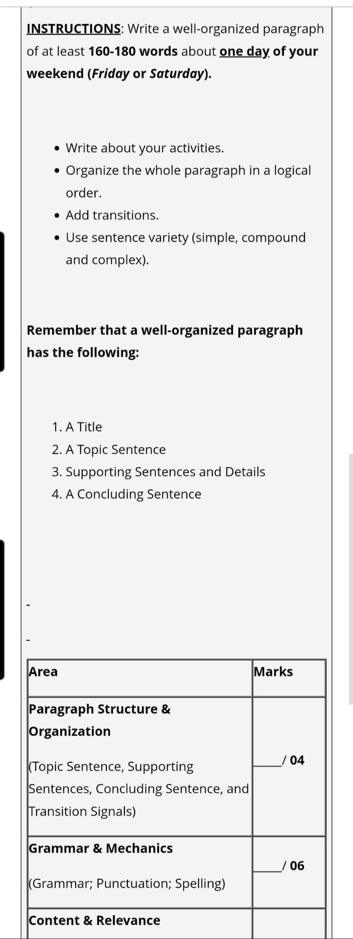 INSTRUCTIONS Write a paragraph of at