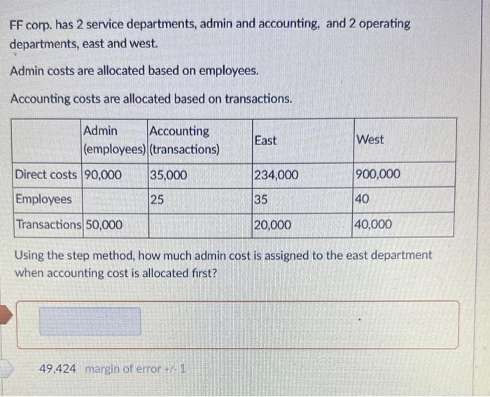 Solved FF corp. has 2 service departments, admin and | Chegg.com