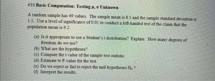 Solved #10 Basic Computation: Testing , o Unknown A random | Chegg.com