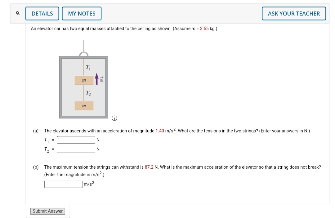 An elevator car has two equal masses attached to the