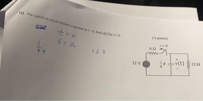 Solved Q1. The switch in circuit below is opened at 0, fund | Chegg.com