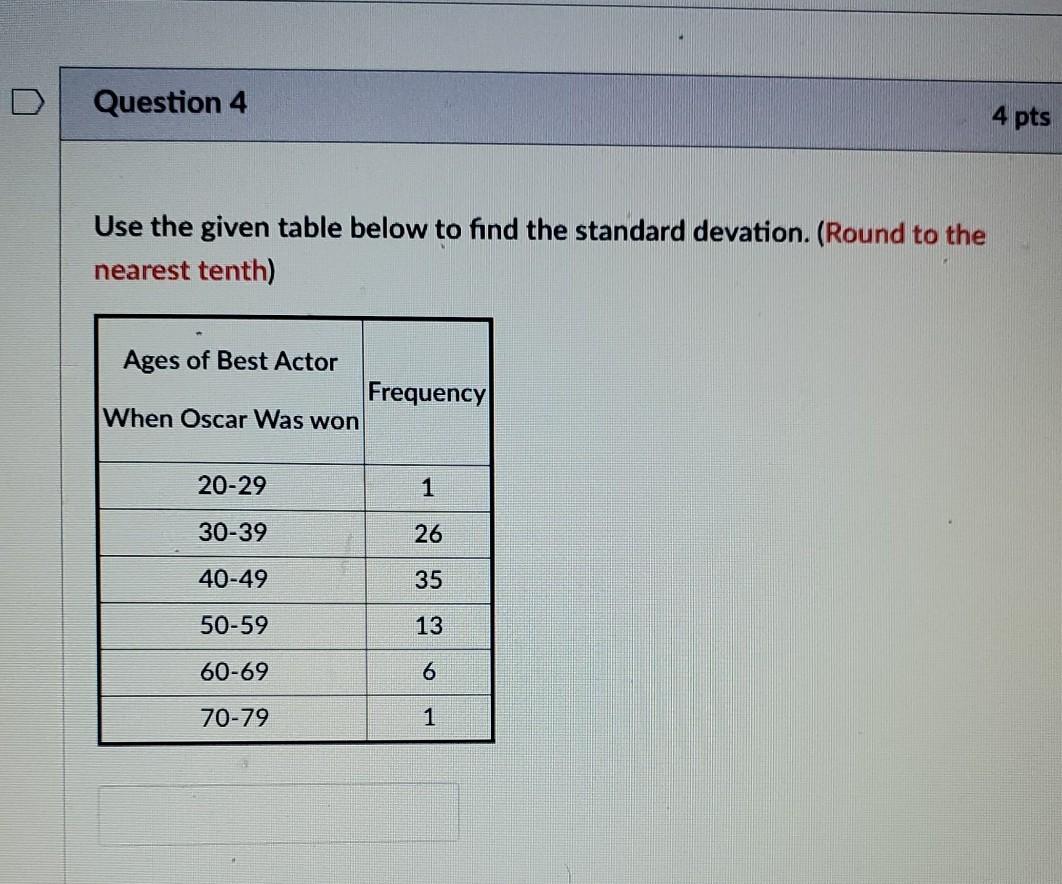 Solved D Question 4 4 pts Use the given table below to find | Chegg.com