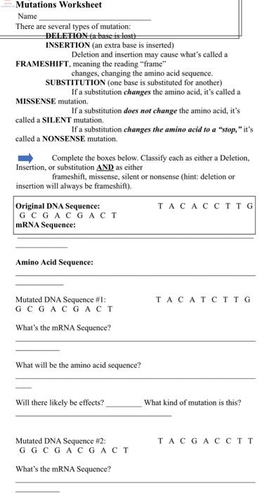 Solved Mutations Worksheet Name There Are Several Types Of