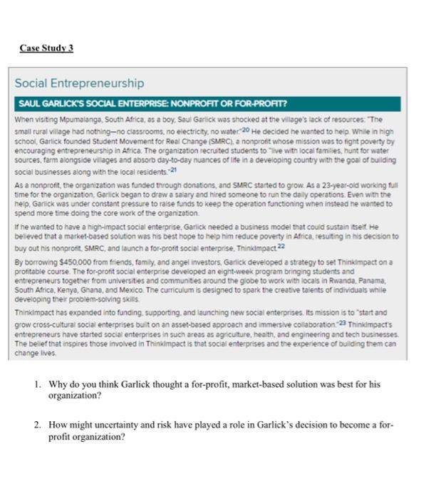 Solved Case Study 3 Social Entrepreneurship SAUL GARLICK