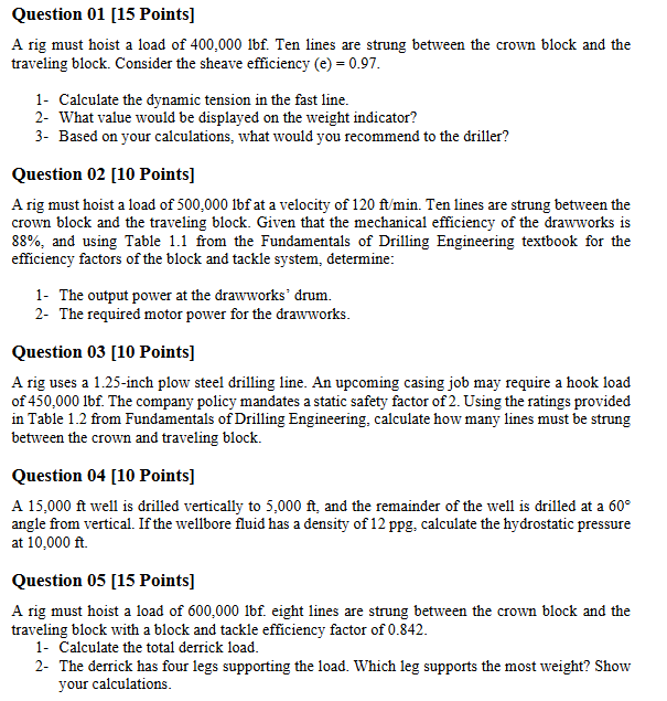 Solved Question 01 [15 ﻿Points] ﻿A rig must hoist a load of | Chegg.com
