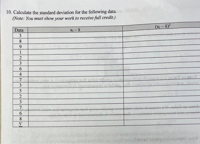 Solved 10. Calculate the standard deviation for the | Chegg.com