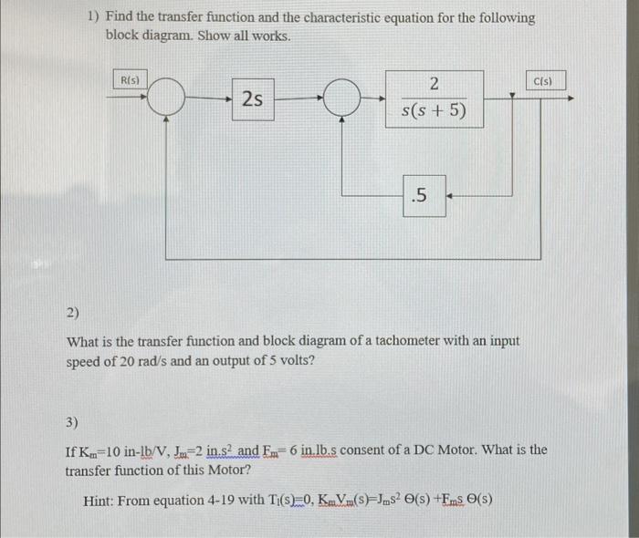 Solved 1) Find the transfer function and the characteristic | Chegg.com
