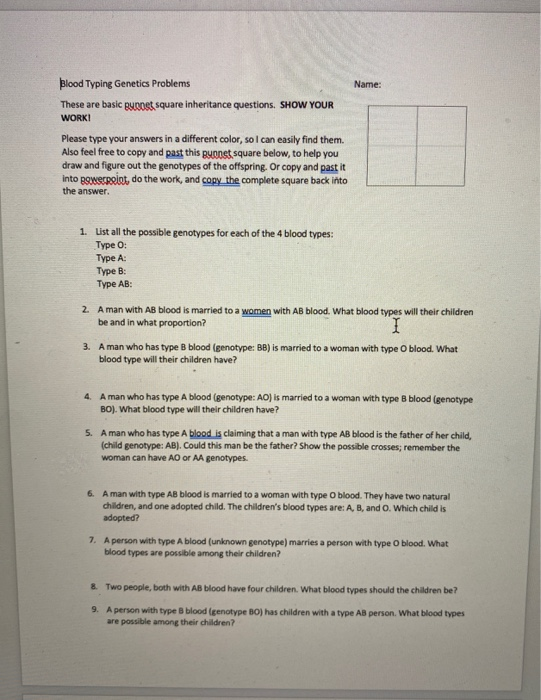 Blood Type Inheritance Problem Solved Blood Typing Genetics Problems Name: These are basic | Chegg.com