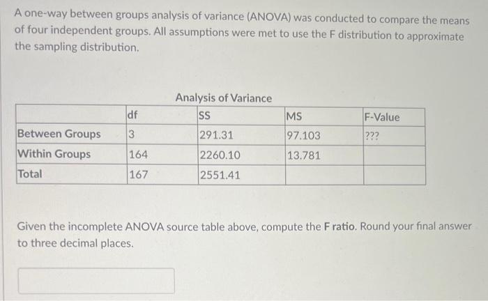 Solved A One-way Between Groups Analysis Of Variance (ANOVA) | Chegg.com